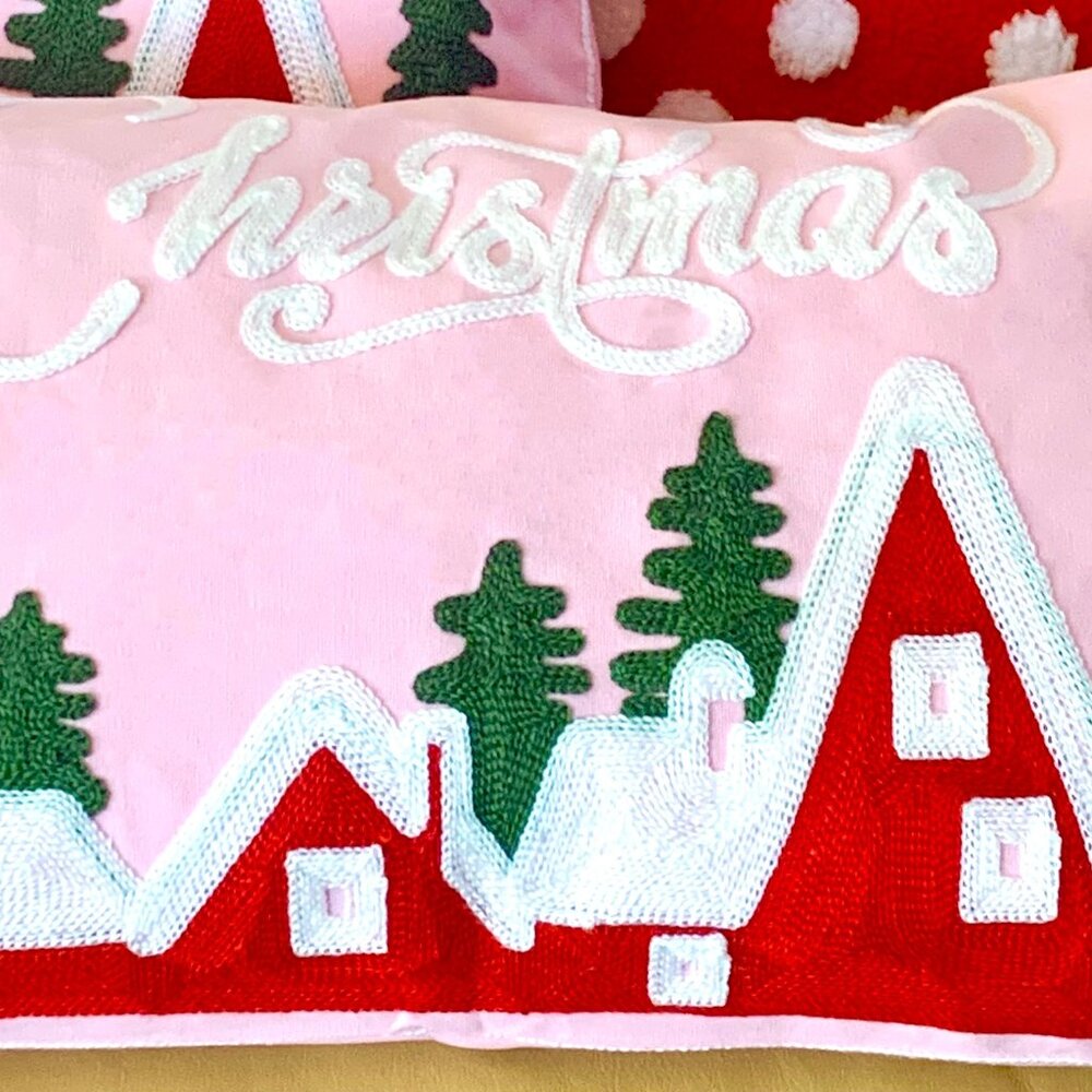12x20 Pink Christmas Embroidered Merry Christmas Village Throw Pillow Cover New - Picture 3 of 5